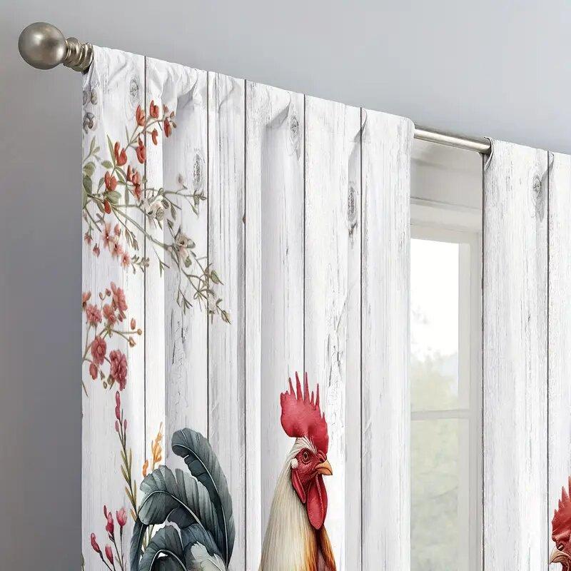2pcs - Vintage farmhouse floral rooster pattern printed curtains, window decorations, home decorations, room decorations