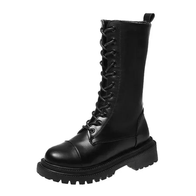Damen Stiefel bis zur Wade Hochwertiges Leder Freizeitstiefel Mode Motorrad Ritterstiefel für Damen Schnürung Flache Stiefel Botas Mujer