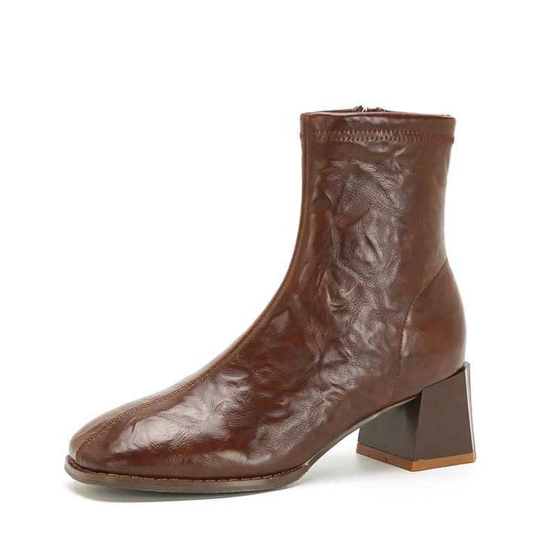 Mode Retro Herbst und Winter Kurze Stiefel Dicker Absatz Quadratischer Kopf Dünne Damen Lederstiefel Samt Vielseitig Neue Damen Stiefeletten