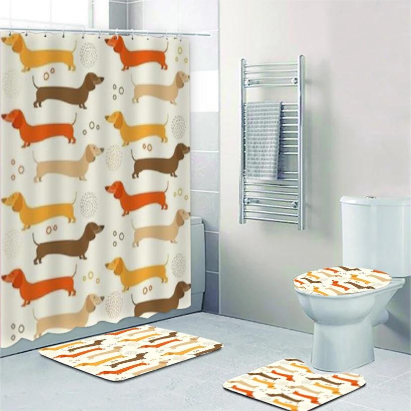 Funny Cute Dachshund Dog Bathroom Curtains Set Shower Curtain Set Cartoon Sausage Dog Bath Mat Rugs Butt Dog Animal Home Decor