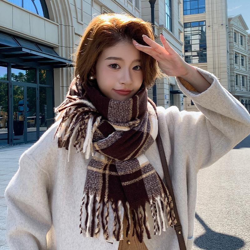 Atmosphere Maillard Plaid Scarf Women's Winter Autumn and Winter New Versatile Warm Scarf Student