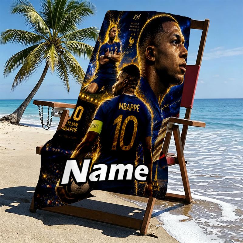 Personalisierbares Strandtuch mit Kylian Mbappe Aufdruck und individuellem Namen, für Reise Camping Strandparty Heimdekoration, Geburtstagsgeschenk für Familie & Freunde