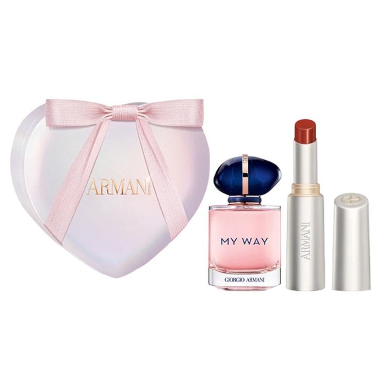 Armani Silber Röhrchen Glas Lippenstift MYWAY Self Unbounded Parfüm 520 Limitierte Geschenkbox Lippenstift Make-up Parfüm Set EDP Holzig Blumiger Duft 30ml+2.1g