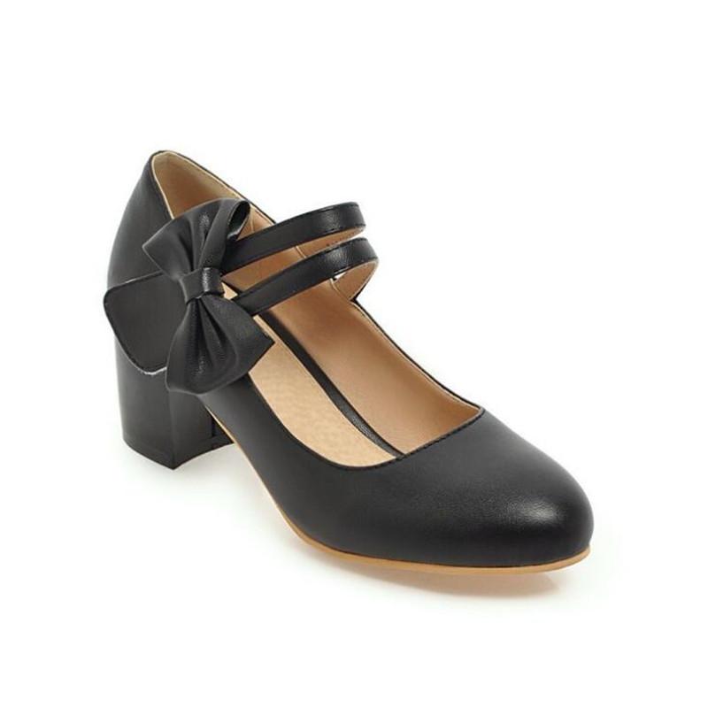 Girls Leather Shoes Lolita Shoes Mary Jane Pumps For Women High Heels Pink Bow-knot Block Heels Shoes Wedding Bride Pumps 31-43