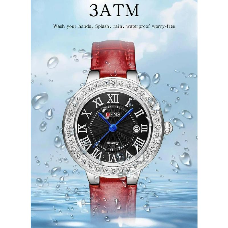 New Fashionable Casual Retro Style Inlaid Diamond Round Women's Quartz Watch Waterproof Retro Leather Watches