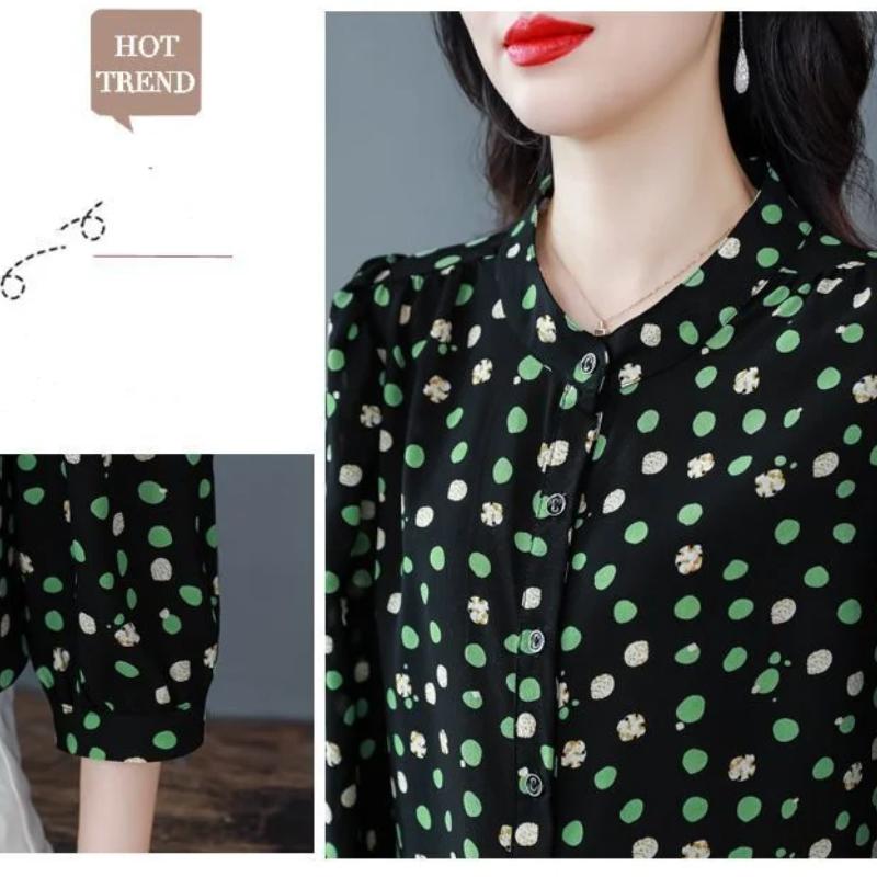 M-4XL Print Chiffon Shirt Women's Top Spring Autumn New Fashion Age Reducing Temperament 3/4 Sleeve Bottoming Blouse