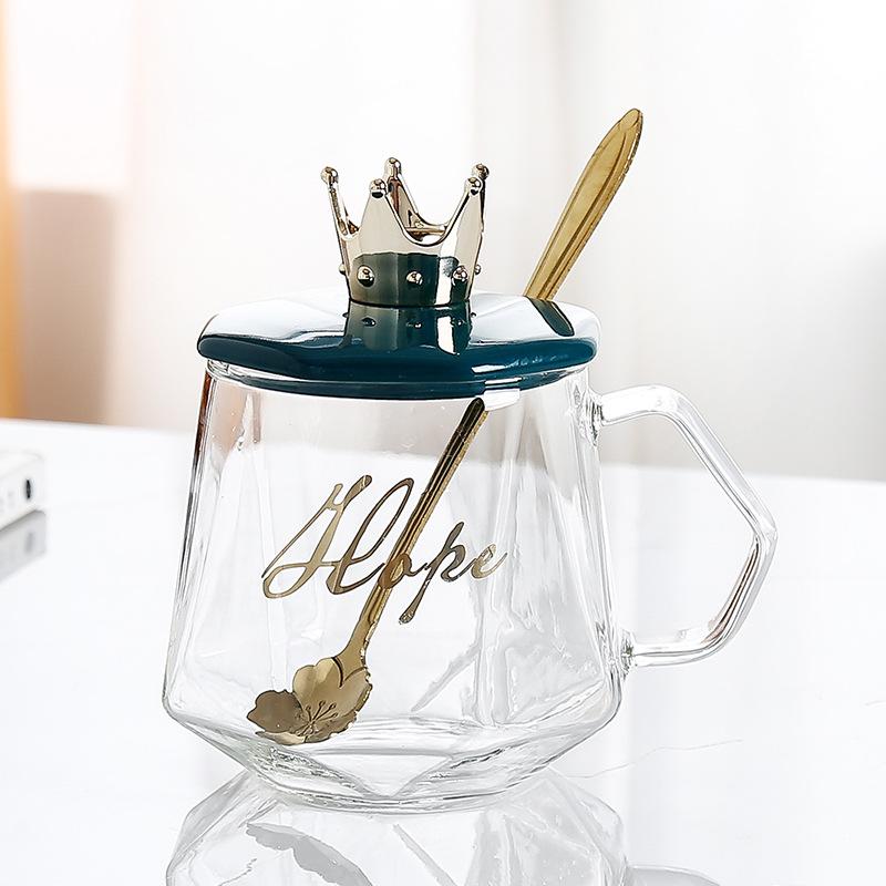 Taza de vidrio simple de vidrio con tapa cuchara oficina hombres y mujeres pareja taza de agua taza de café