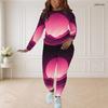 Women Plus Size Two Piece Set Round Neck Long Sleeve Printed Top And Fitted Pants Pink Purple Black
