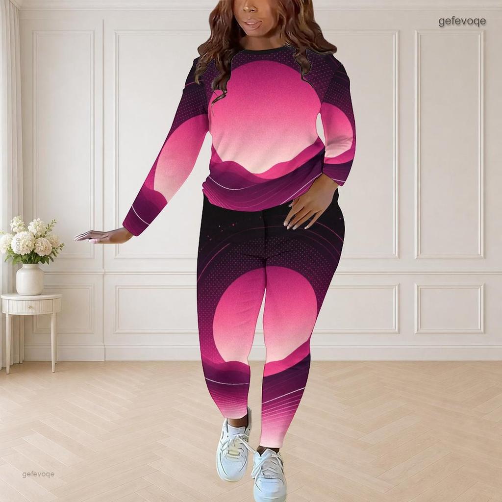 Women Plus Size Two Piece Set Round Neck Long Sleeve Printed Top And Fitted Pants Pink Purple Black
