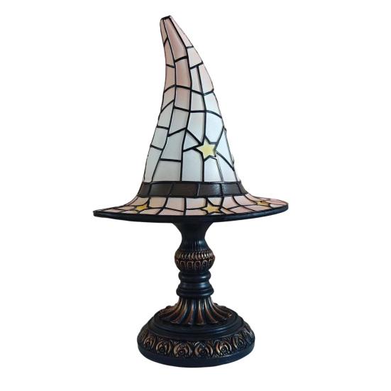 Stained Glass Witch Hat Lamp, USB Powered Night Light for Bedroom Shelf Decor, Halloween Warm Glow Gothic Table Lamp for Home
