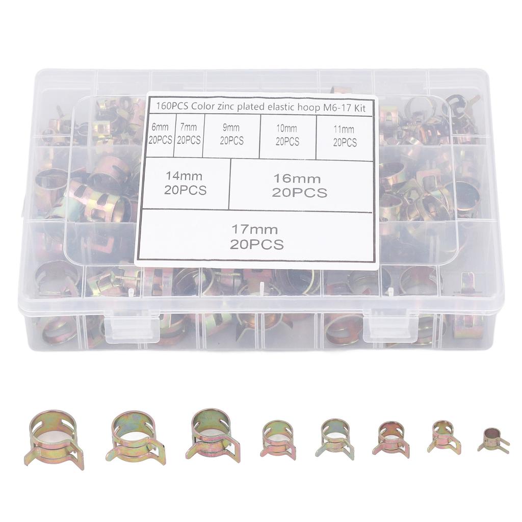 160 Stück Feder-Schlauchschellen 8 Typen 6–17 mm Federband-Typ Clip-Befestigungselemente Sortiment zum Befestigen