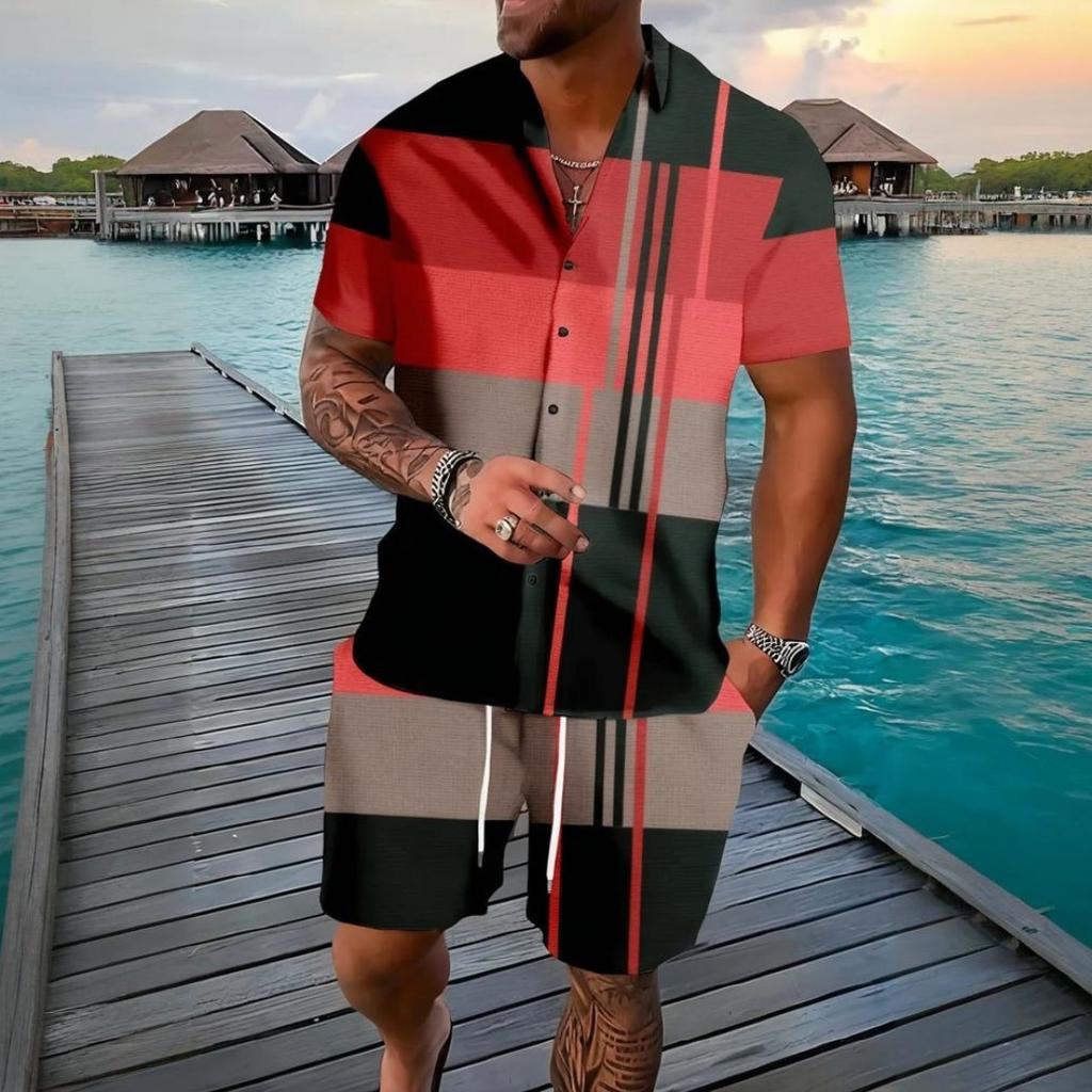 Traje Retro para Hombre Rayas Verano Exterior Manga Corta Moda Pantalones Cortos Casuales Simple Hawái Conjunto de 2 Piezas Ropa Oversize para Hombre