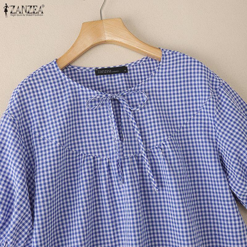 ZANZEA Women Plaid Print Casual Round Neck Half Sleeve Blouse