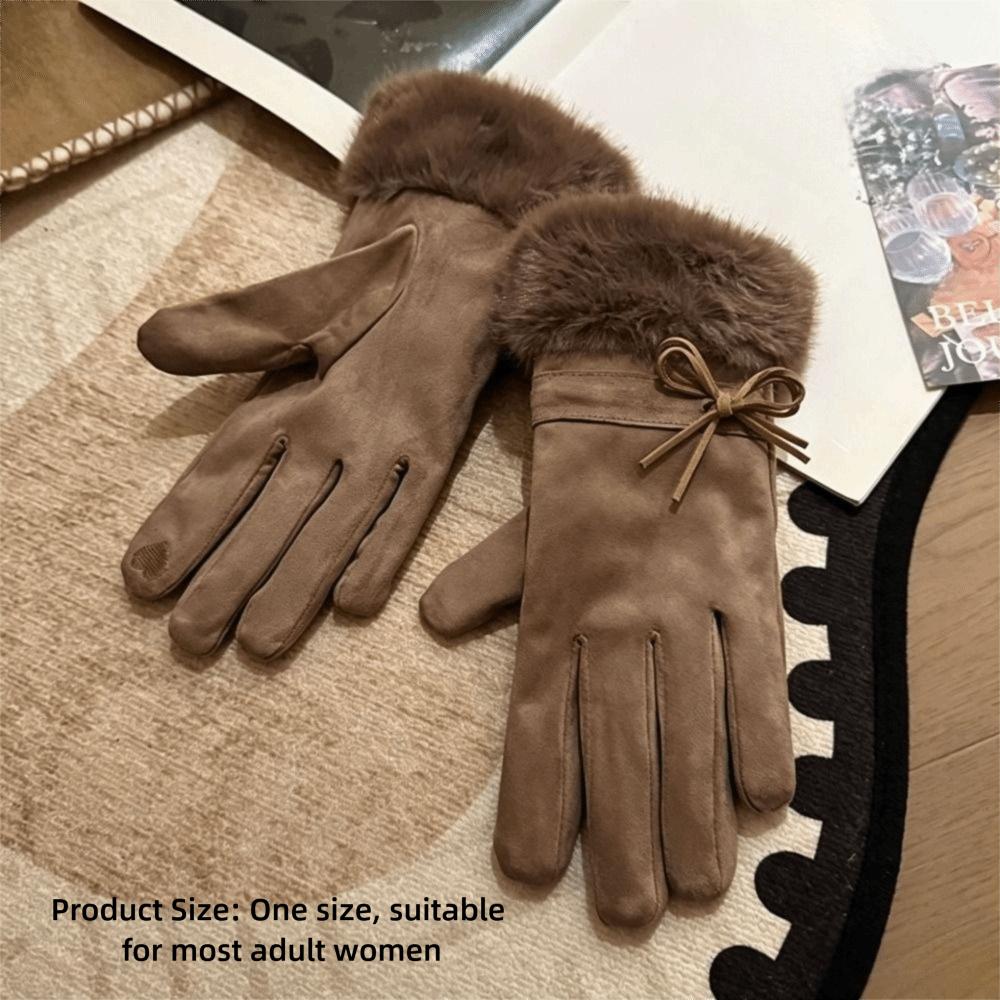 One Size Fleece Lined Gloves Bow Decoration Winter Thick Warm Gloves Faux Fur Gloves Driving