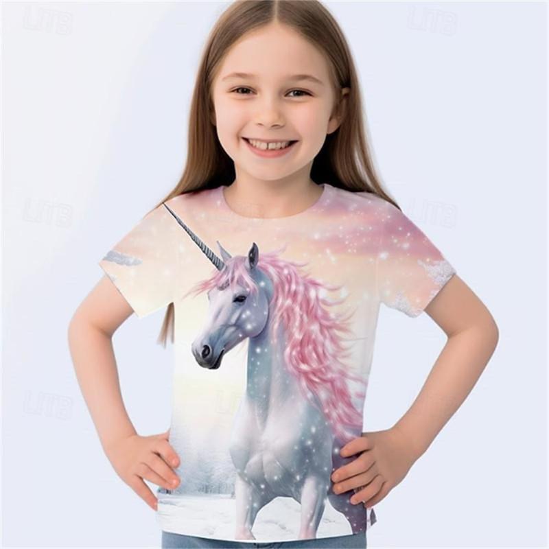 Children's Cartoon Unicorn Print Cute Multi-color T-shirts Girls Fashionable Soft Comfortable T-shirt