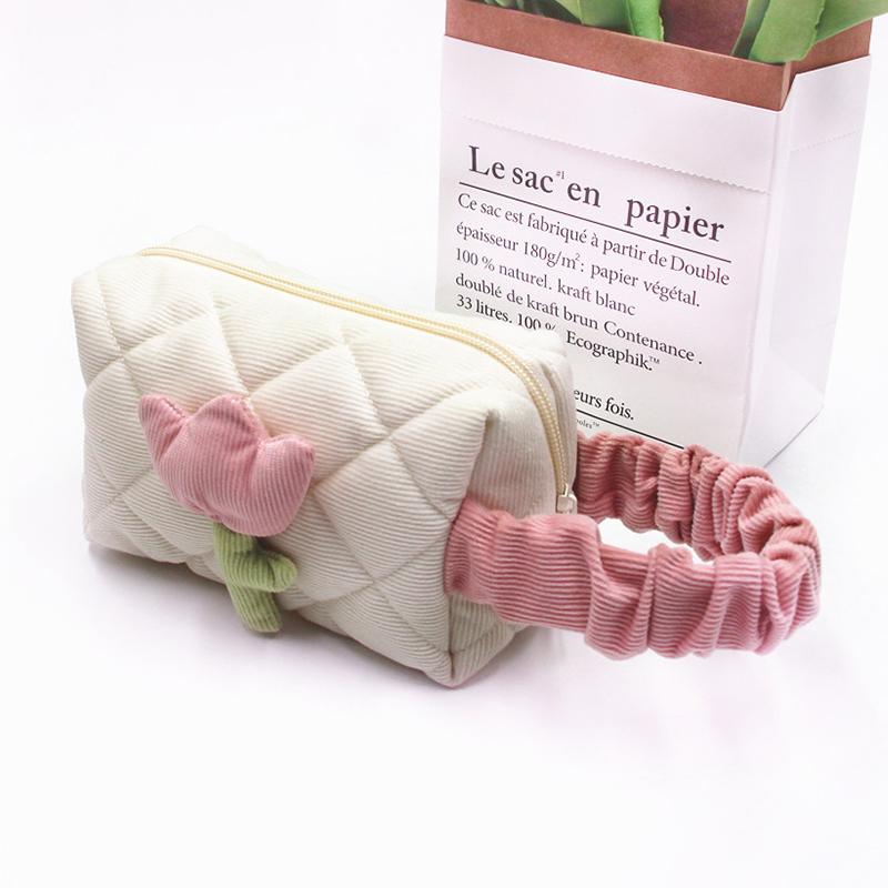 *Cute Corduroy Makeup Storage Bag Portable Travel Cosmetic Tulip Pouch Toiletry Organizer Large Capacity Flower Pattern Bags