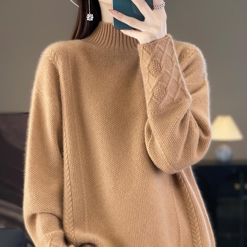 Women's Pure Wool Half-High Collar Sweater, Loose Fit, Cashmere Base Layer, Retro Jacquard Knit Pullover