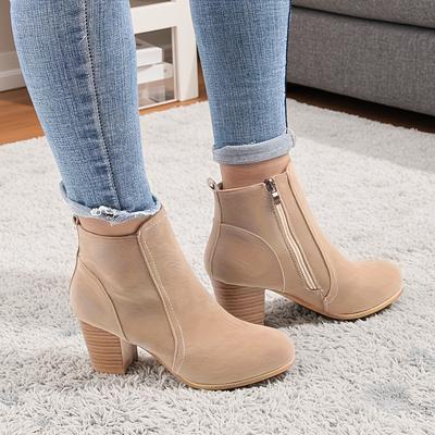 Women'S Chunky Heel Ankle Boots with Side Zipper - Round Toe Faux Cover, Beige, 7cm Platform Height, Comfortable Fabric Lining for Casual