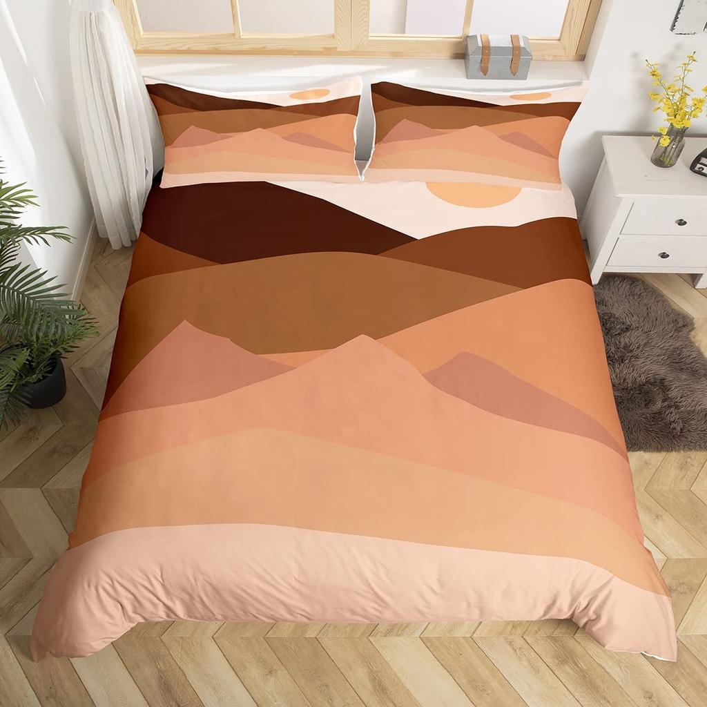 Nature Mountains Art Duvet Cover Set Landscape Creativity Bedding Set with Pillowcase Golden Lines Abstract Art Comforter Covers