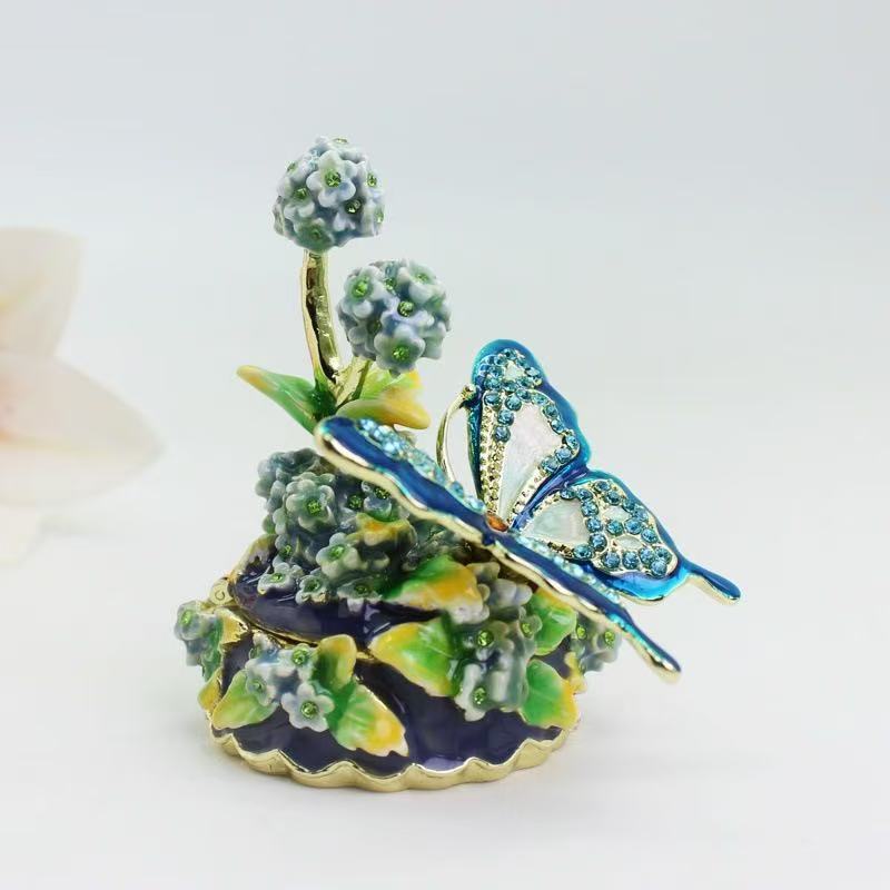 Metal Craft Enamel Ornament Blue Butterfly flowersJewelry Box Trinket counter decoration bithday gift trinket box for home decor