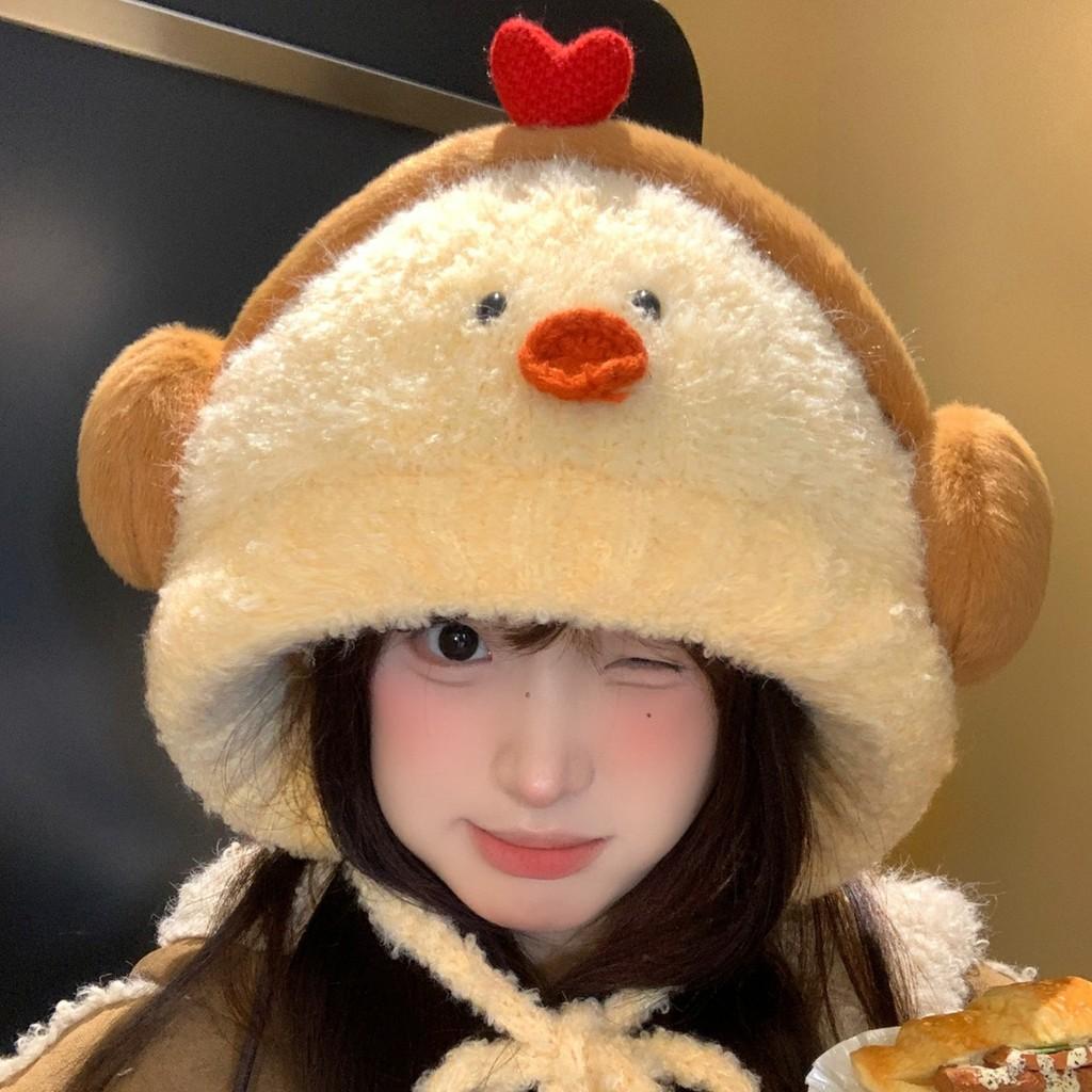 Cute Yellow Duck Plush Knit Hat For Women Winter Warmth And Ears Protection