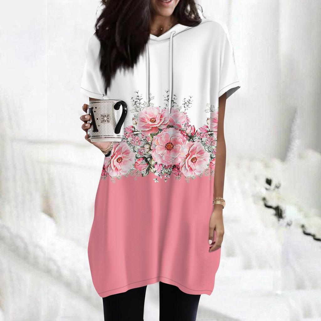 Women's Hoodies Casual Short Sleeve Shirts Fashion Print Tunic Tops With Pockets