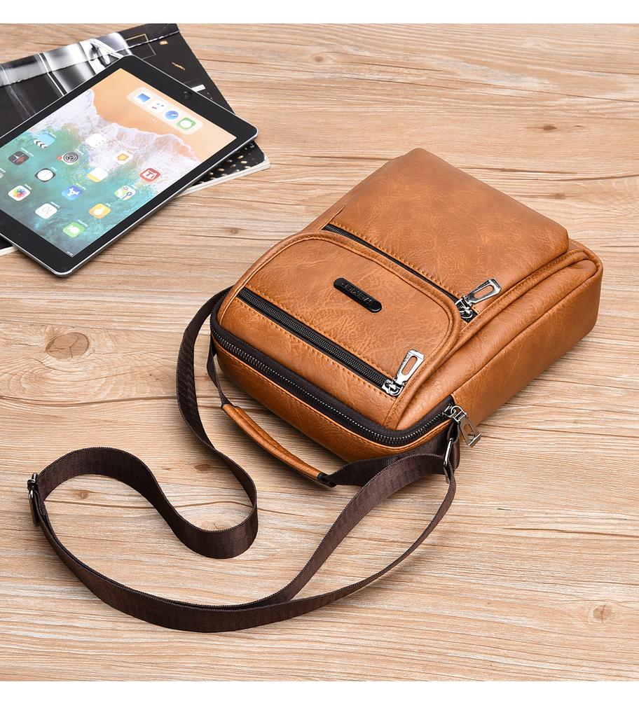 Mens Vintage Fashion Sling Bag Large Capacity Solid Pu Leather Message Bag One Shoulder Bag with Handle