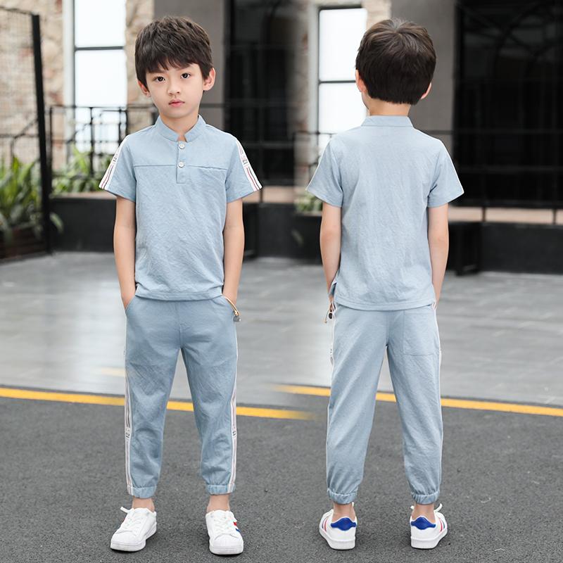 

Детский летний прохладный спортивный костюм с короткими рукавами и воротником-стойкой, комплект из 2 предметов: футболка с короткими рукавами + шорты 140 синий