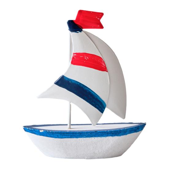 Sailboat Ornament, Wooden Iron Desktop Figure, Small Nautical Tabletop Decoration, Blue White Striped Lifebuoy Starfish Marine Style Ornament