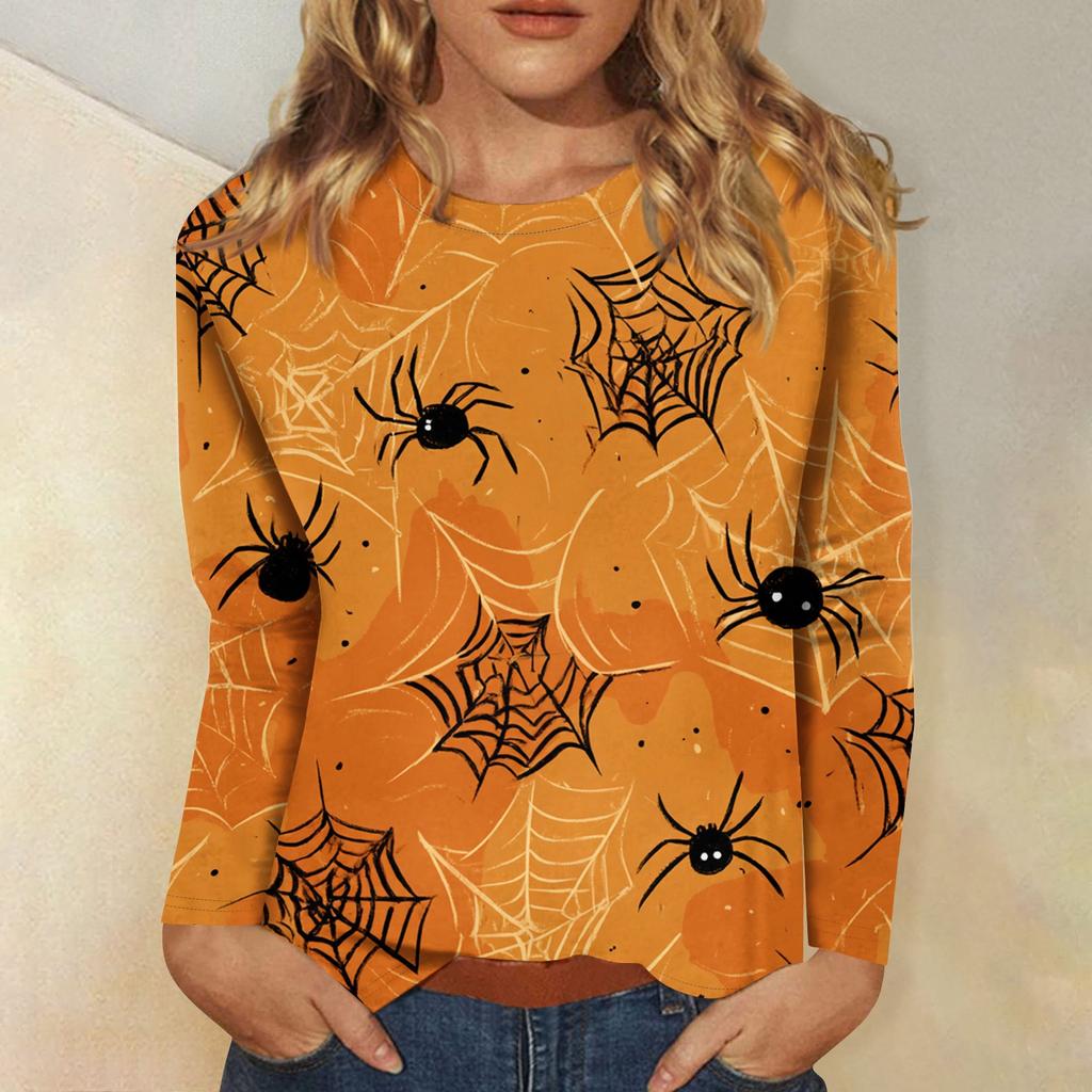 Women's long-sleeved loose-necked Halloween print casual top , suitable for holiday parties