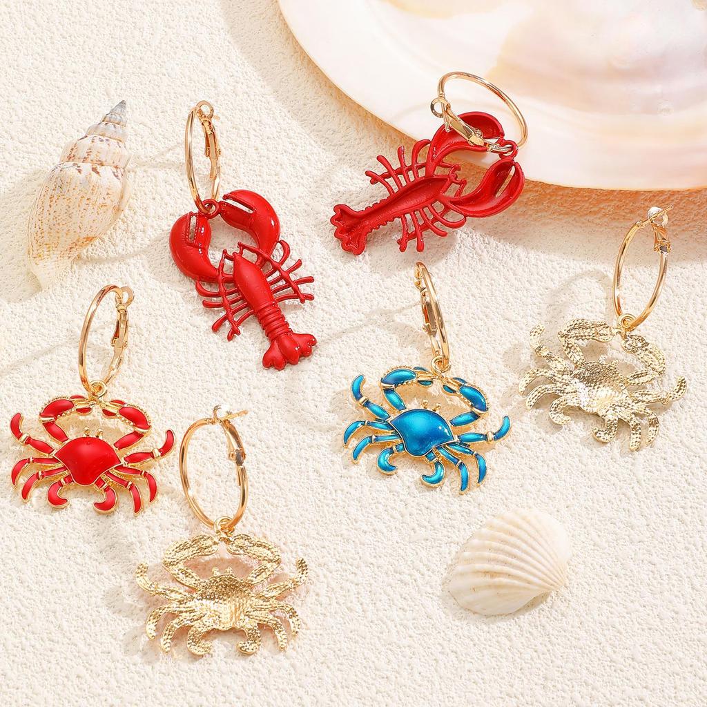 European & American Beach Resort Alloy Drip Oil Red Lobster & Blue Crab Earrings for Women