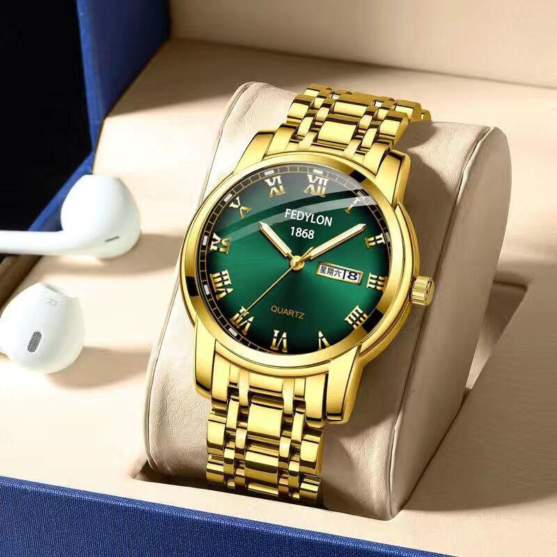 New Black Korean Style Trendy Student Roman Steel Belt Watch for Men Quartz Double Calendar Waterproof Men's Watch