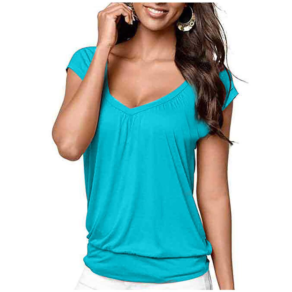 Women's  Summer Loose  V-neck  Solid Color Elastic Pleate Short-sleeved T-shirt