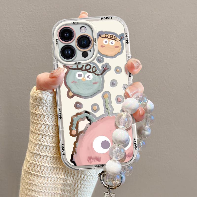 Cute Briquette Suitable for Apple 16promax Mobile Phone Case Painted with Bracelet 15pro Cartoon Cream Mirror 14p