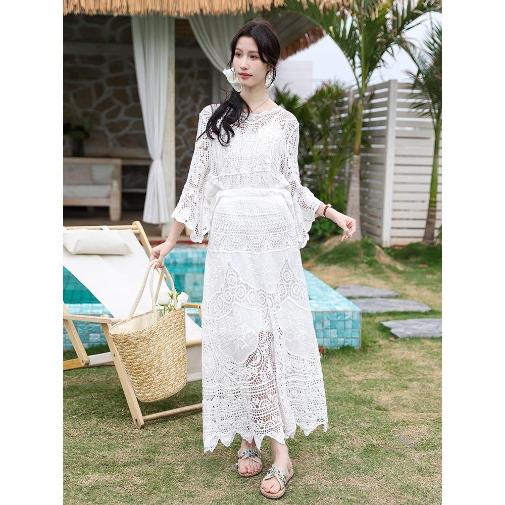 DIMANAF 2025 Women New Suit Skirt Knitting Beach Short Sleeve Lace Hollow Out Sexy O-Neck Hollow Summer Style Tops Tees Loose Basic