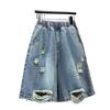 Summer Large Size High Waist Wide Legs Thin Ripped Denim Shorts Women's Casual Elastic Waist Waist Five-point Shorts Vintage Fray Loose Knee Culottes