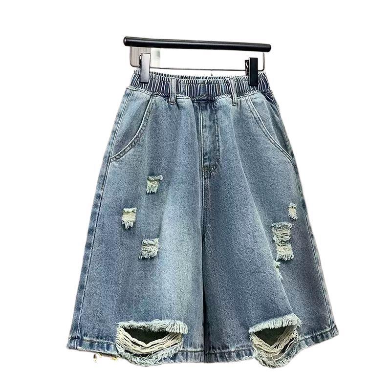 Summer Large Size High Waist Wide Legs Thin Ripped Denim Shorts Women's Casual Elastic Waist Waist Five-point Shorts Vintage Fray Loose Knee Culottes