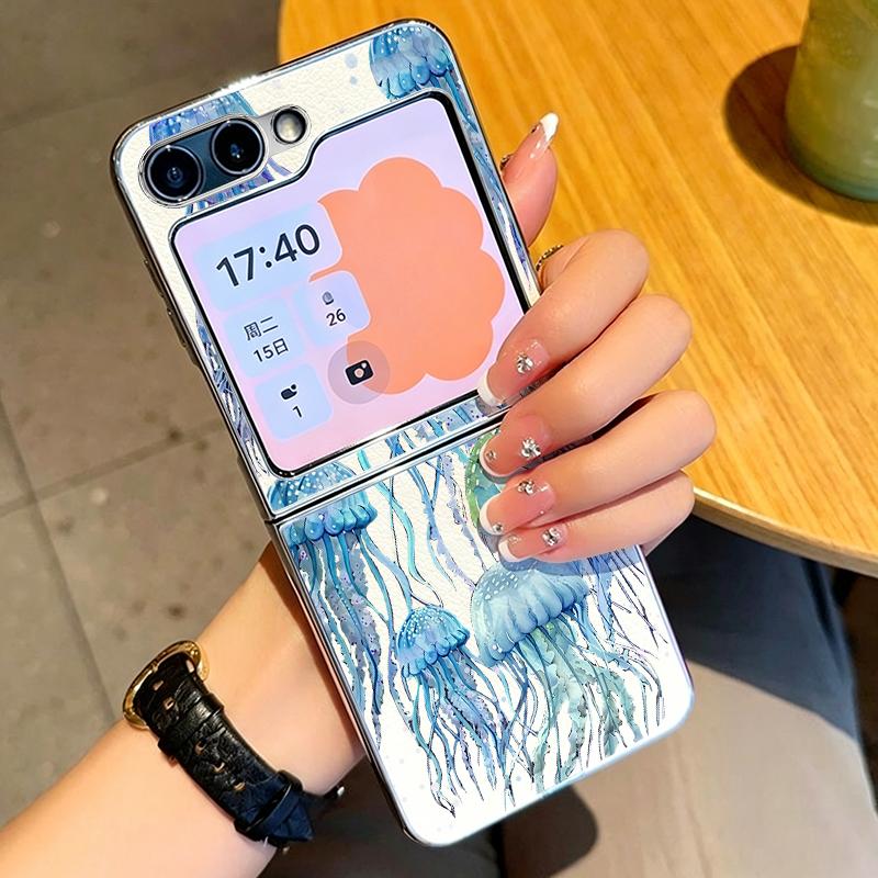 Blues Fish Whale Ocean Phone Case For Samsung Galaxy Z FlIP 7 FE 6 5 Plating PC+PU Leather Hybrid Folding Cover For Samsung Z Flip7 Flip6 Flip5
