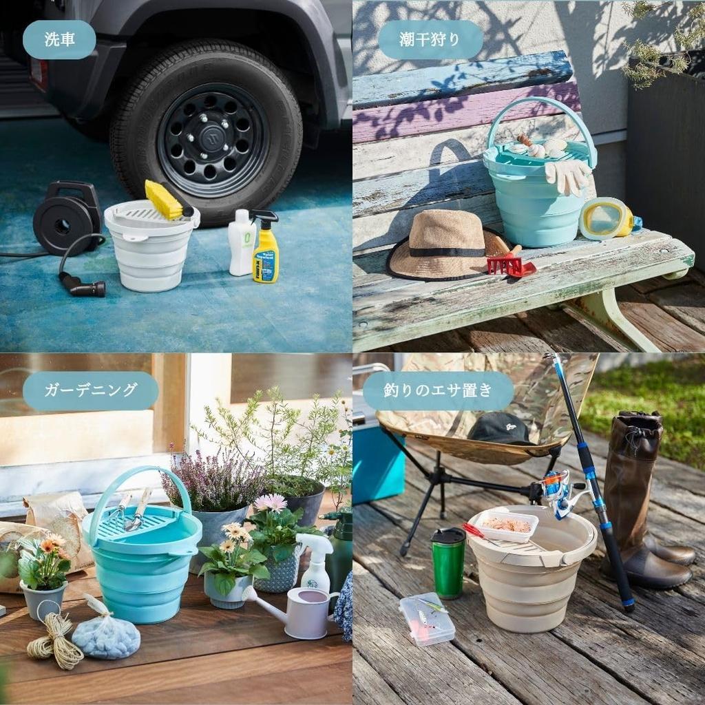 ISETO Foldable Bucket with Mint Width x Depth x Height Made in Folding Large Bucket, 8L, Tray, Green, 8L, 32.8 30.0 5.5~22.4cm, Japan, Foldable,