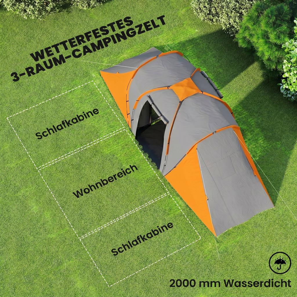 Großes Campingzelt Tunnelzelt mit 2 Schlafzimmern und Wohnbereich, 2000mm Wasserdicht, Tragbar mit Tasche für 4 Personen, Orange