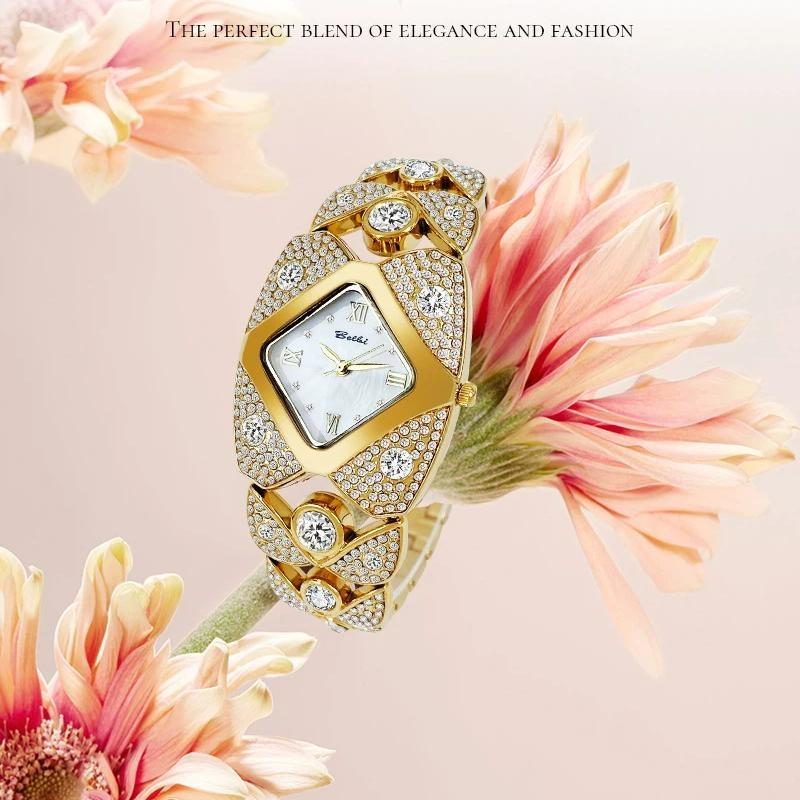 Unique Design Gold Women Bracelet Watches Luxury Elegant Wrist Watches For Ladies Full Diamond Women Quartz Wristwatches