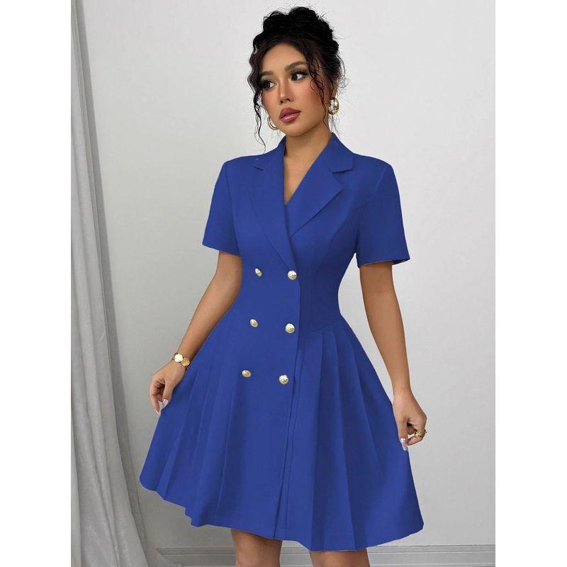 and American Plus size Temperament Work Commute Short dress Summer New Solid Short sleeve Waist Hugging Double Breasted One piece Dress Women clothing