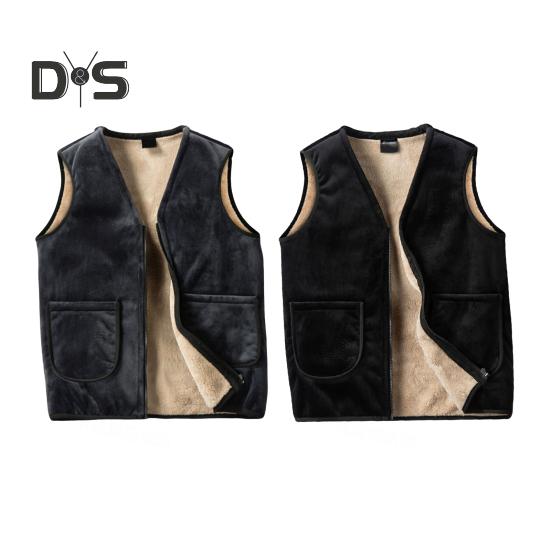 Men Vest Coat V-Neck Sleeveless Solid Color Velvet Lined Vest Coat with Pockets Zipper Closure Thickened Warm Bottoming Waistcoat