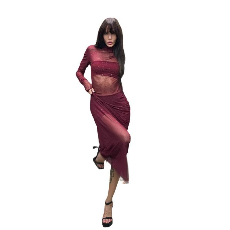 Women's Sexy Gauze Perspective Hot Drill Long Sleeve Slim Spice Girl Long Dress