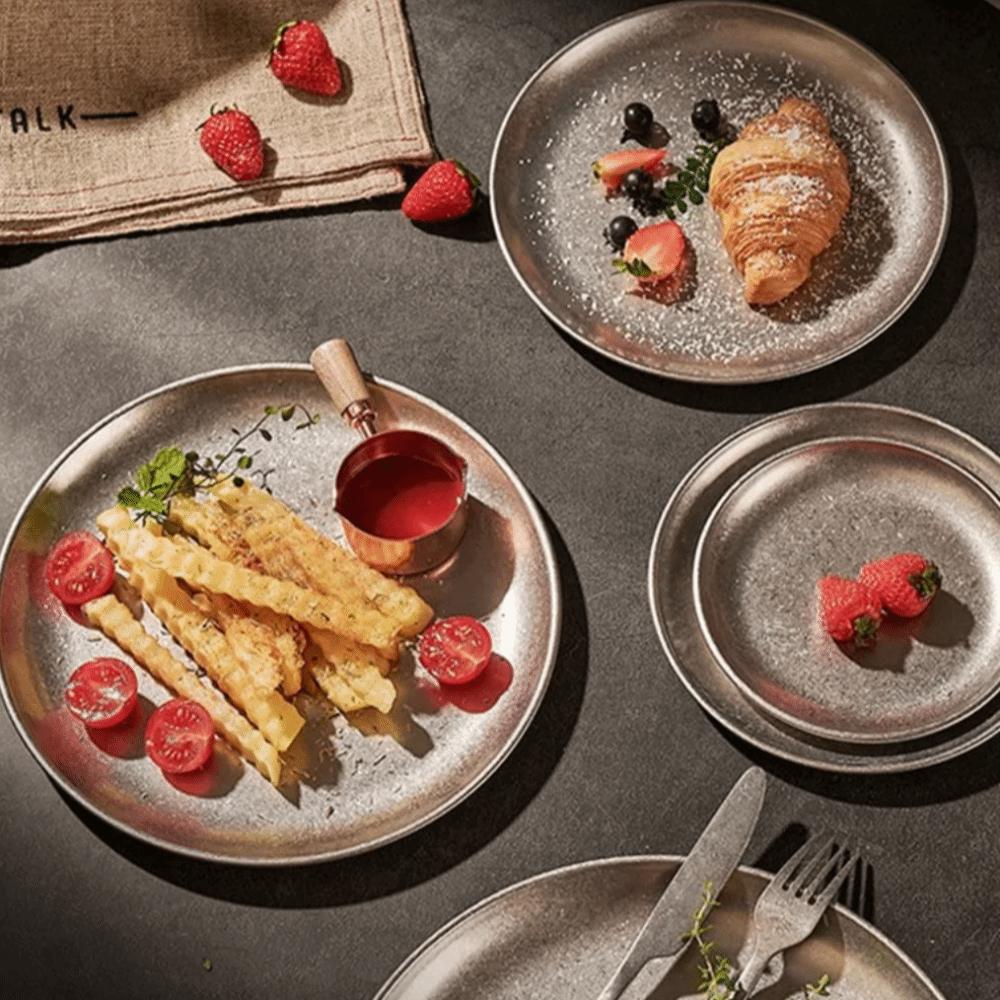 304 Stainless Steel Round Dinner Plate Flat Round Shape Coffee Tray Western Meal Use