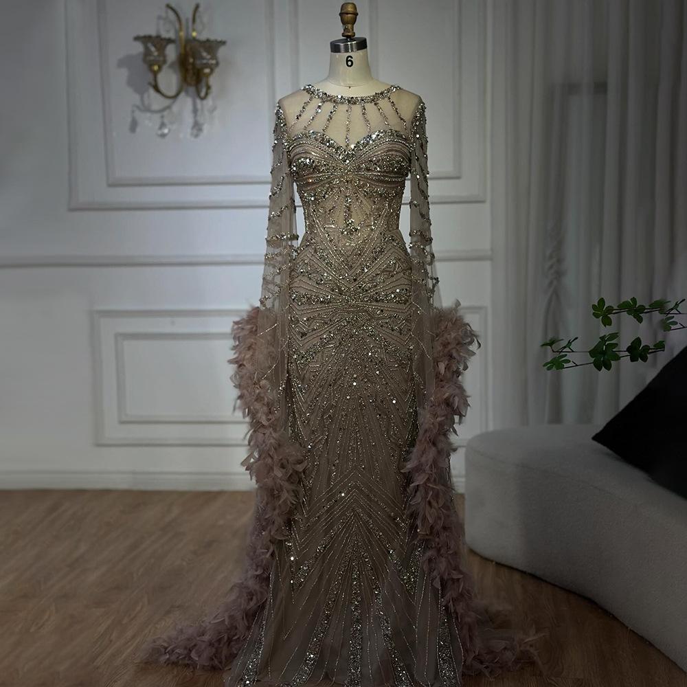 Silver caramel high-end atmospheric bead feather fishtail dress banquet host dress LA11108A