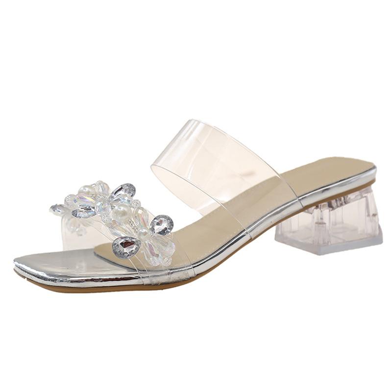 2025 New Transparent Heel Cool Slippers Women's Shoes Summer Wear Fairy Style with Skirt Rhinestone High-heeled Slippers