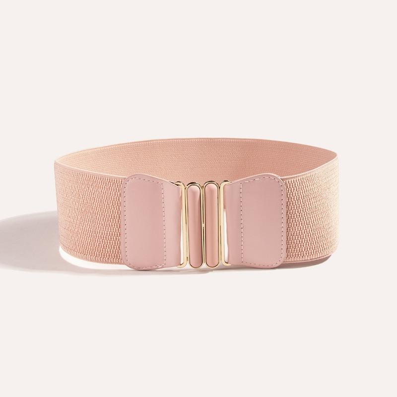 Koreanisches Damenkleid mit doppeltem ovalen Schnallenpaar, elastischem Gürtel, dekorativem Touch-Lackleder, breitem Taillenbund