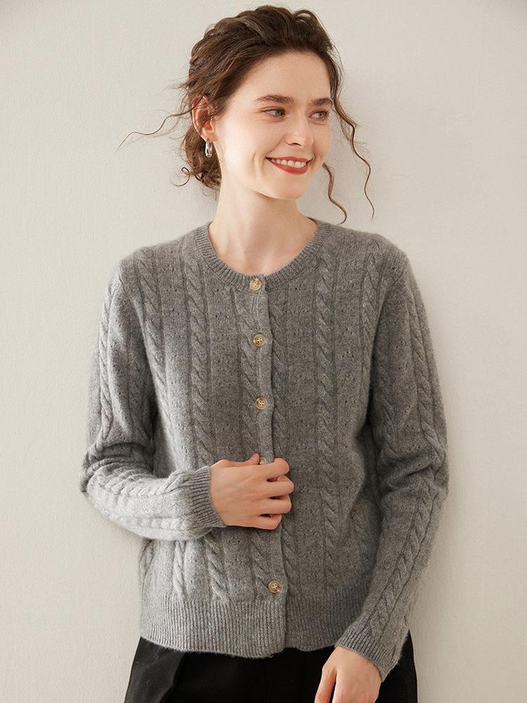 Women's Cashmere Round Neck Cardigan: Elegant Retro Cable Knit, Autumn/Winter Jacquard Outerwear