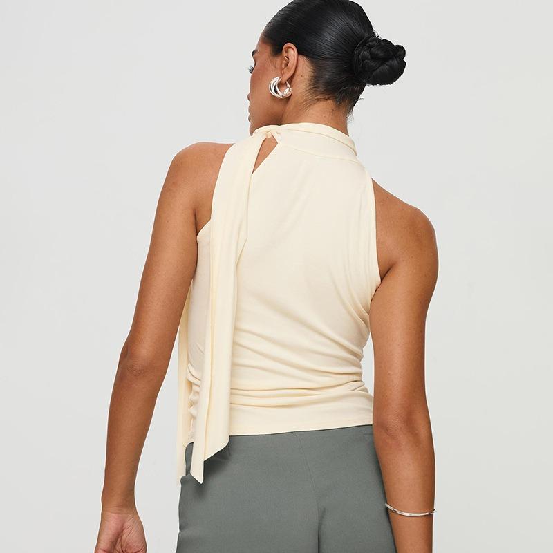 T-shirt Top da Donna Estiva a Maniche Corte, Collo Alto, con Fiocco Legato
